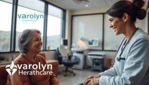 A warm, inviting healthcare facility with the Varolyn Healthcare logo prominently displayed. In the foreground, a smiling patient conversing with a compassionate nurse, their body language exuding care and trust. The middle ground showcases a cozy, well-equipped examination room, with state-of-the-art medical equipment and soothing decor. The background depicts a serene, natural landscape visible through large windows, creating a calming atmosphere. The lighting is soft and diffused, lending an air of comfort and tranquility. The entire scene conveys Varolyn Healthcare's commitment to patient-centered care, where the well-being and comfort of individuals are the top priorities. nursing care at bangalore