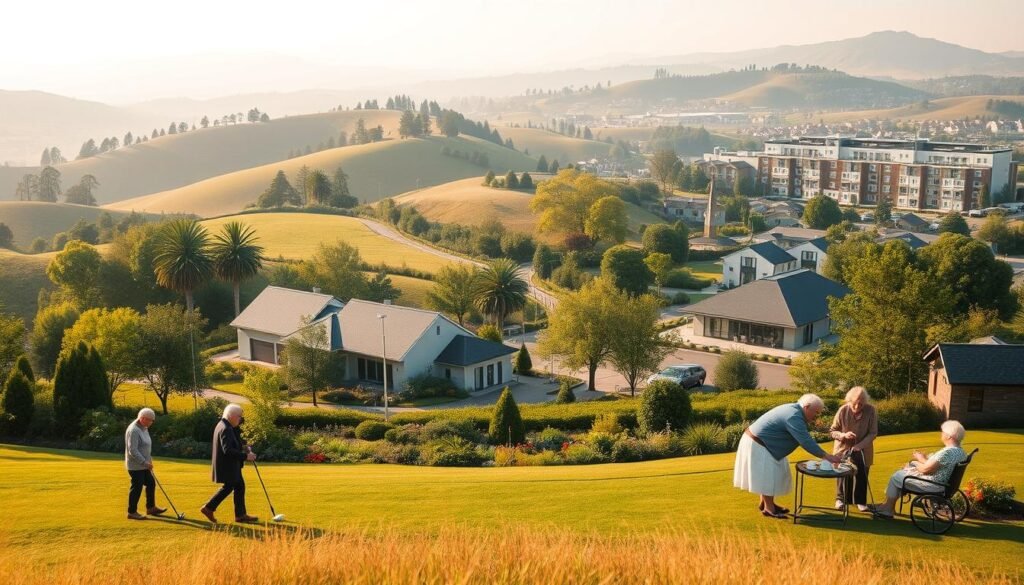 A serene retirement community nestled among lush, rolling hills. In the foreground, a group of elderly residents engage in various activities - a gentle game of croquet, a relaxing stroll through a manicured garden, and a lively discussion over afternoon tea. The middle ground features modern, accessible facilities with sleek, energy-efficient designs, blending seamlessly with the natural surroundings. In the background, a bustling town center offers ample amenities and services tailored to the needs of the aging population, from specialized healthcare clinics to vibrant community centers. Warm, diffused lighting casts a peaceful, contemplative atmosphere, while a slight haze adds a sense of timelessness. The overall scene conveys a harmonious, forward-thinking vision for caring for the elderly, with a focus on maintaining their independence, social engagement, and quality of life. A serene retirement community nestled among lush, rolling hills. In the foreground, a group of elderly residents engage in various activities - a gentle game of croquet, a relaxing stroll through a manicured garden, and a lively discussion over afternoon tea. The middle ground features modern, accessible facilities with sleek, energy-efficient designs, blending seamlessly with the natural surroundings. In the background, a bustling town center offers ample amenities and services tailored to the needs of the aging population, from specialized healthcare clinics to vibrant community centers. Warm, diffused lighting casts a peaceful, contemplative atmosphere, while a slight haze adds a sense of timelessness. The overall scene conveys a harmonious, forward-thinking vision for caring for the elderly, with a focus on maintaining their independence, social engagement, and quality of life.