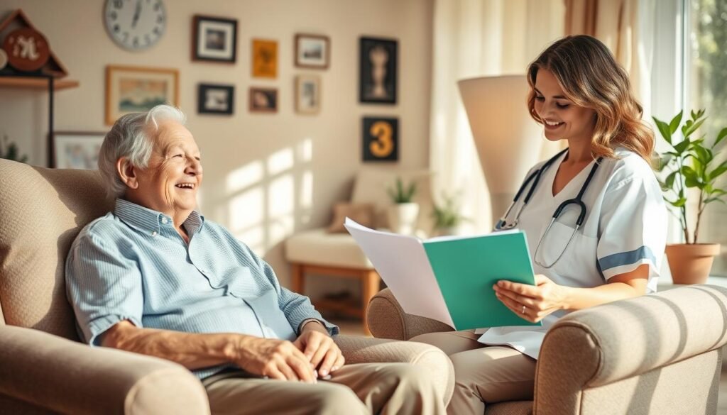 A warm, sun-dappled room with a cozy, inviting atmosphere. In the foreground, an elderly patient rests comfortably in a plush armchair, their face radiant with a gentle smile as a kind-eyed nurse attends to them, offering a gentle touch and attentive care. The middle ground showcases the nurse's expertise, as they review the patient's chart, carefully monitoring their well-being. In the background, the room is adorned with personal mementos, potted plants, and soft lighting, creating a sense of personalized, home-like comfort. The scene conveys a harmonious balance of medical professionalism and heartfelt compassion, reflecting the future of personalized nursing care. A warm, sun-dappled room with a cozy, inviting atmosphere. In the foreground, an elderly patient rests comfortably in a plush armchair, their face radiant with a gentle smile as a kind-eyed nurse attends to them, offering a gentle touch and attentive care. The middle ground showcases the nurse's expertise, as they review the patient's chart, carefully monitoring their well-being. In the background, the room is adorned with personal mementos, potted plants, and soft lighting, creating a sense of personalized, home-like comfort. The scene conveys a harmonious balance of medical professionalism and heartfelt compassion, reflecting the future of personalized nursing care.