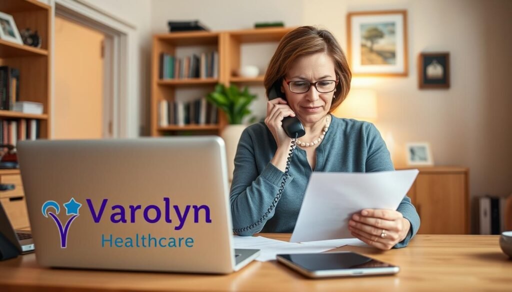 A neatly organized home office scene with a middle-aged woman sitting at a desk, speaking on a landline phone and consulting paperwork. In the foreground, a laptop and a tablet device are visible, along with a stylized "Varolyn Healthcare" logo. The background features a warm, well-lit interior with bookshelves and framed artwork. The lighting is soft and diffused, creating a professional yet welcoming atmosphere. The camera angle is slightly elevated, providing a balanced, three-quarter view of the scene. A neatly organized home office scene with a middle-aged woman sitting at a desk, speaking on a landline phone and consulting paperwork. In the foreground, a laptop and a tablet device are visible, along with a stylized "Varolyn Healthcare" logo. The background features a warm, well-lit interior with bookshelves and framed artwork. The lighting is soft and diffused, creating a professional yet welcoming atmosphere. The camera angle is slightly elevated, providing a balanced, three-quarter view of the scene.