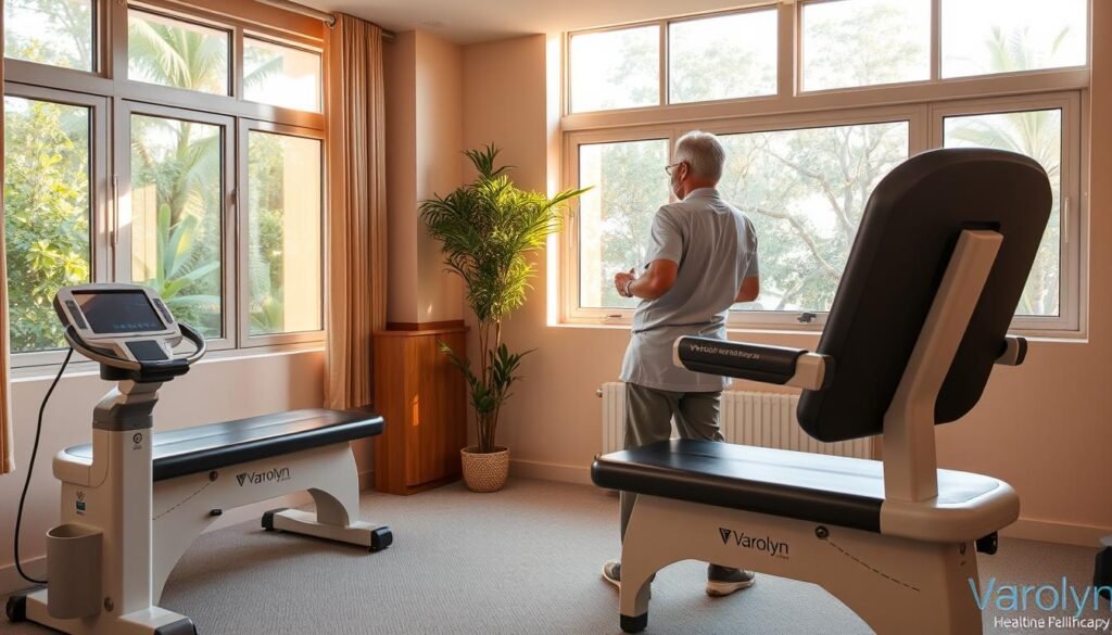 A serene, well-equipped home physiotherapy studio in Bangalore, India. Warm natural lighting filters through large windows, casting a soothing glow on the modern, ergonomic equipment bearing the Varolyn Healthcare brand. A physiotherapist guides a patient, their movements carefully monitored, as they perform targeted exercises to alleviate the symptoms of arthritis. The cozy, accessible space creates an atmosphere of comfort and personalized care, reflecting the Accessibility Advantage of home-based therapy beyond mere convenience. A serene, well-equipped home physiotherapy studio in Bangalore, India. Warm natural lighting filters through large windows, casting a soothing glow on the modern, ergonomic equipment bearing the Varolyn Healthcare brand. A physiotherapist guides a patient, their movements carefully monitored, as they perform targeted exercises to alleviate the symptoms of arthritis. The cozy, accessible space creates an atmosphere of comfort and personalized care, reflecting the Accessibility Advantage of home-based therapy beyond mere convenience.